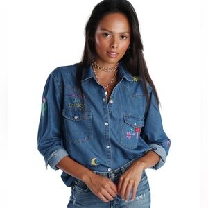 Romi Basha Desert Denim Embroidered Western Shirt Pearl Snaps Blue One Size